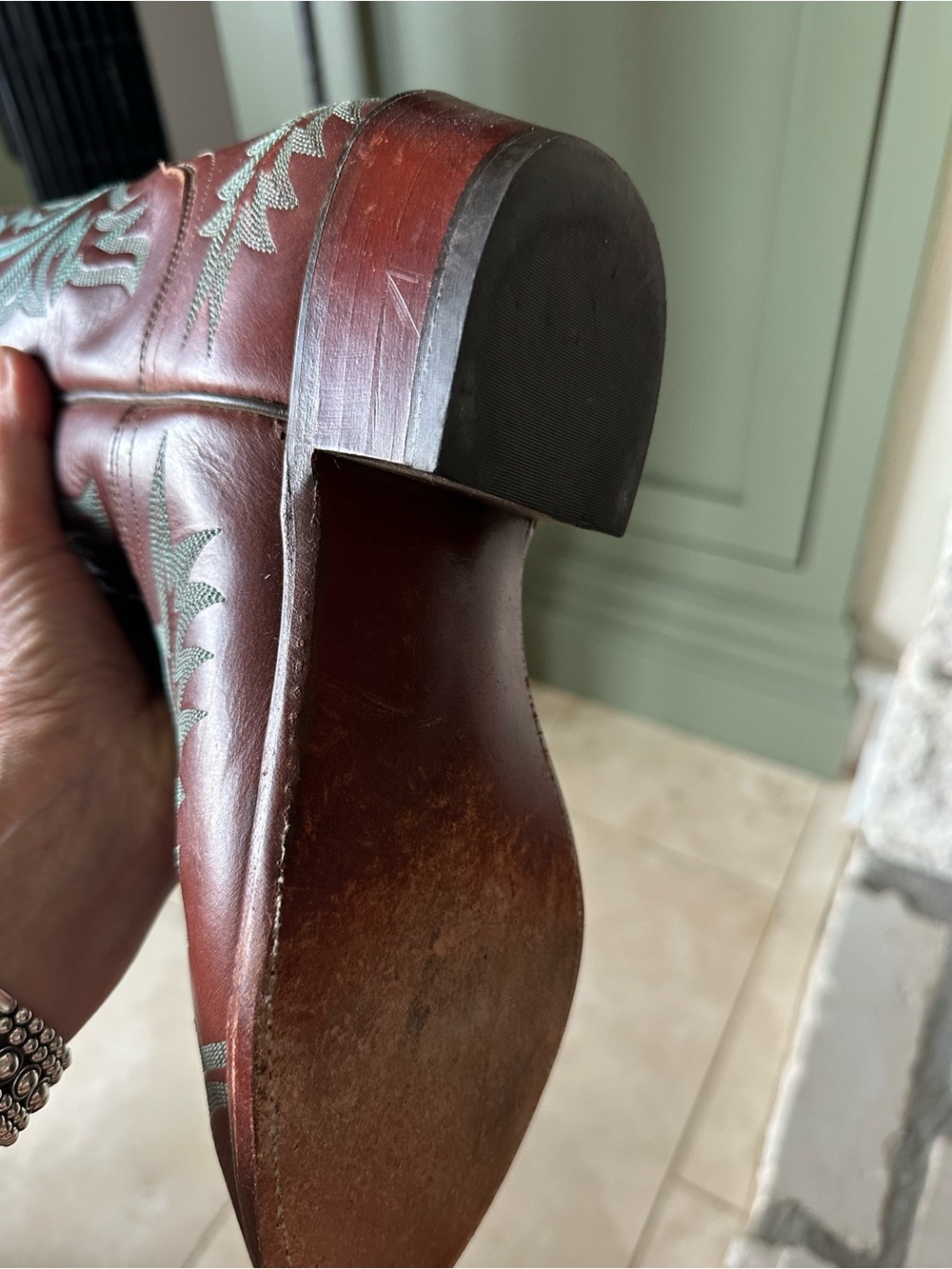 Lucchese Brown Leather Western Boots with Teal Stitching - Picture 5 of 5